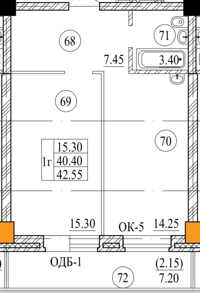 Планировка 1Г — 42,55 м²