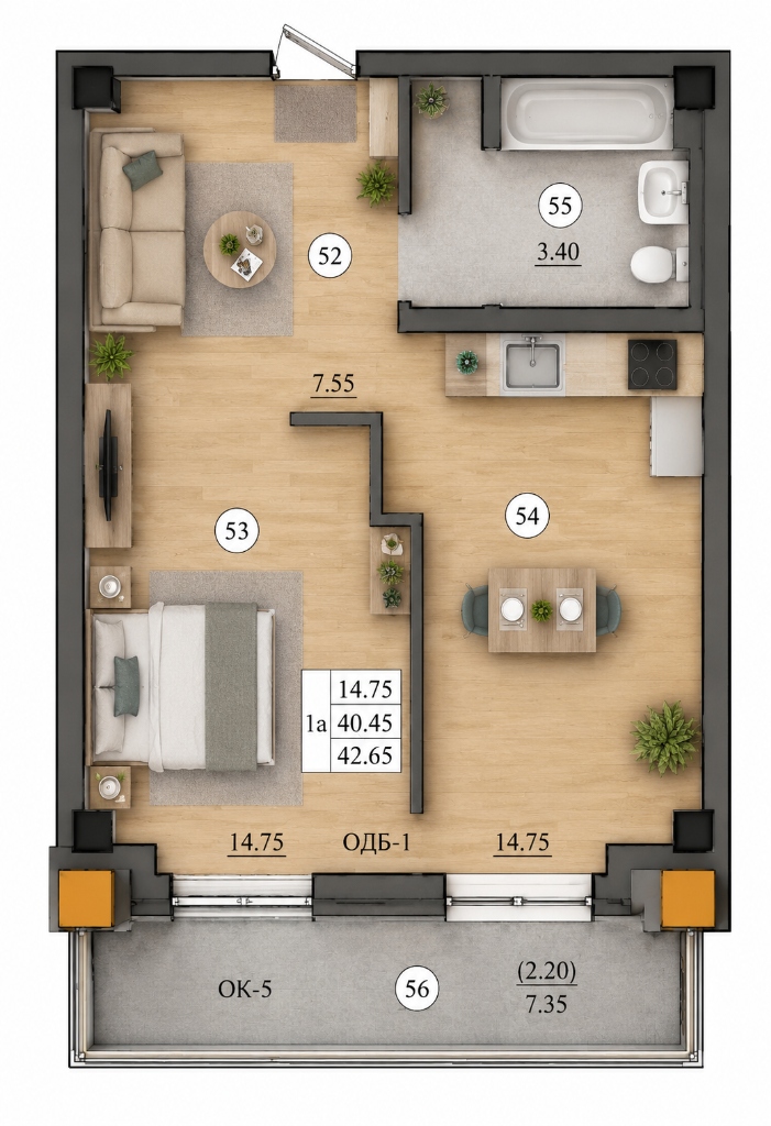 Планировка 1-комнатной 1А — 42,65 м²