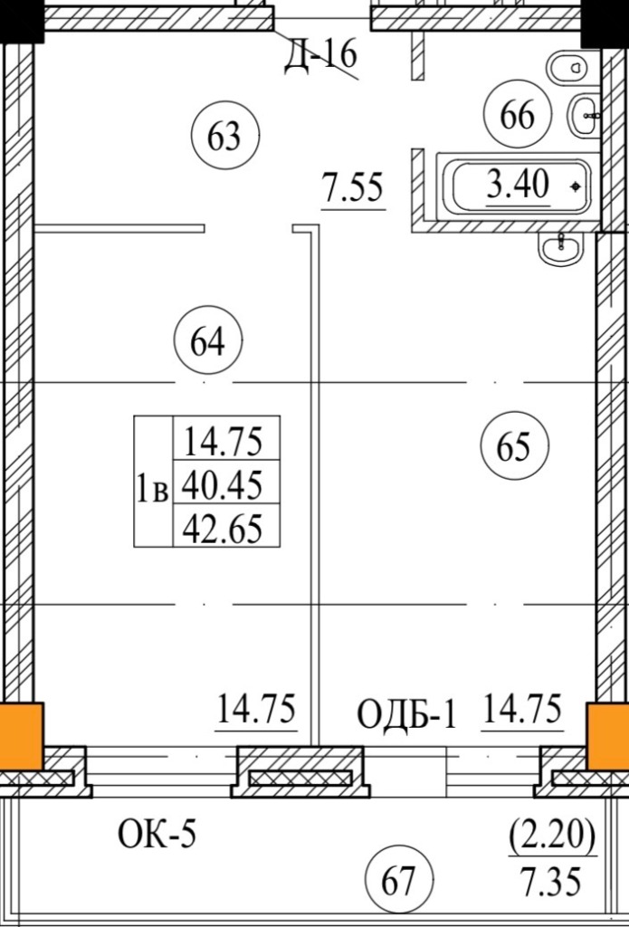 Планировка 1В — 42,65 м²