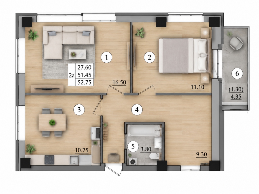 Планировка 2-комнатной 2А — 52,75 м²