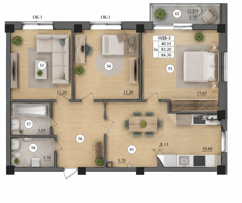 Планировка 3-комнатной 3А — 84,30 м²